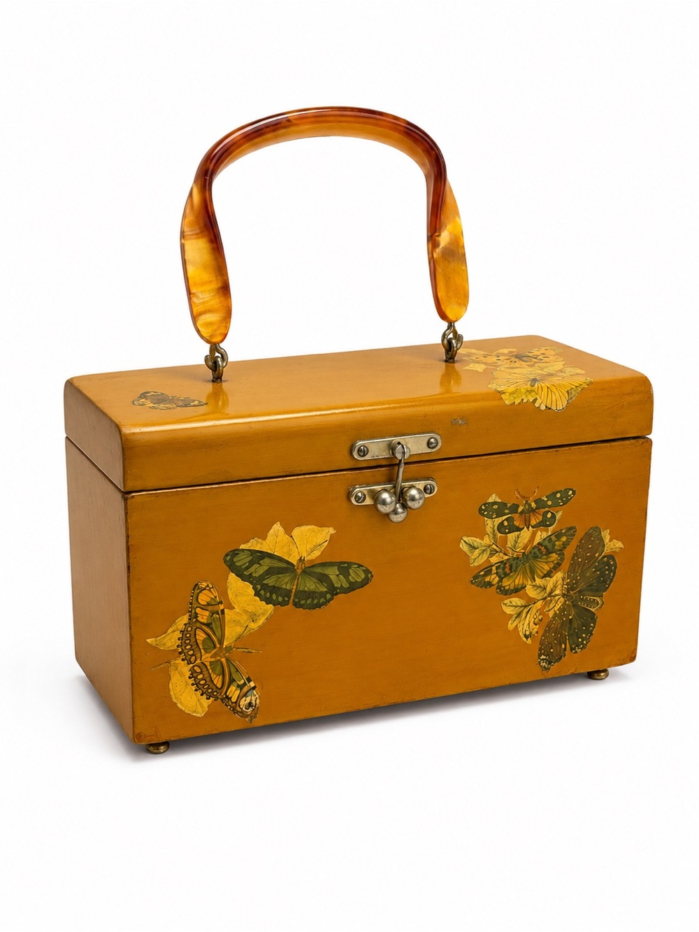Vintage Butterfly Decoupage Wooden Box Purse Lucite Handle Vanity Case MCM